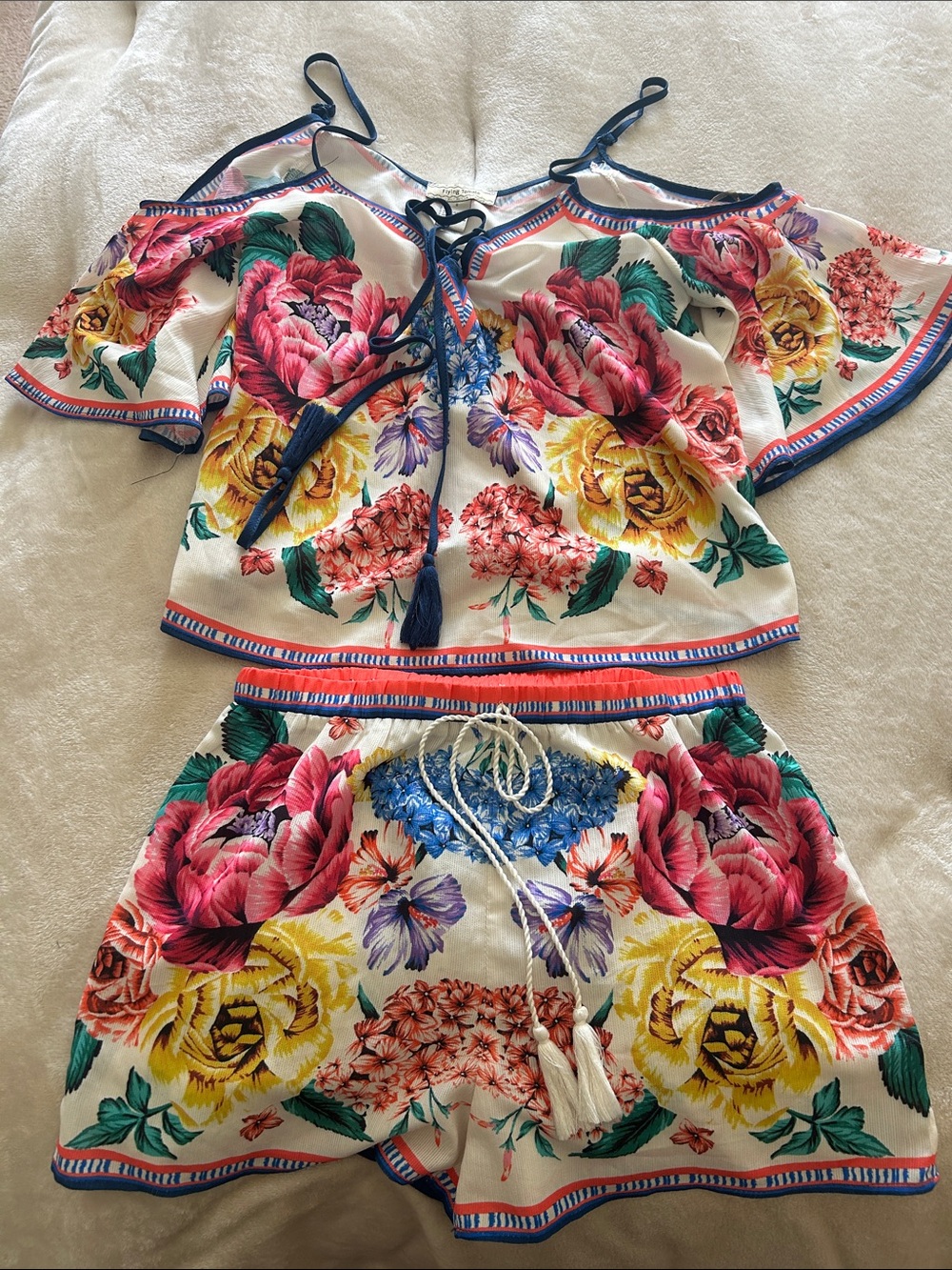Floral Off-Shoulder Top and Shorts Set - White with Multi Floral Print